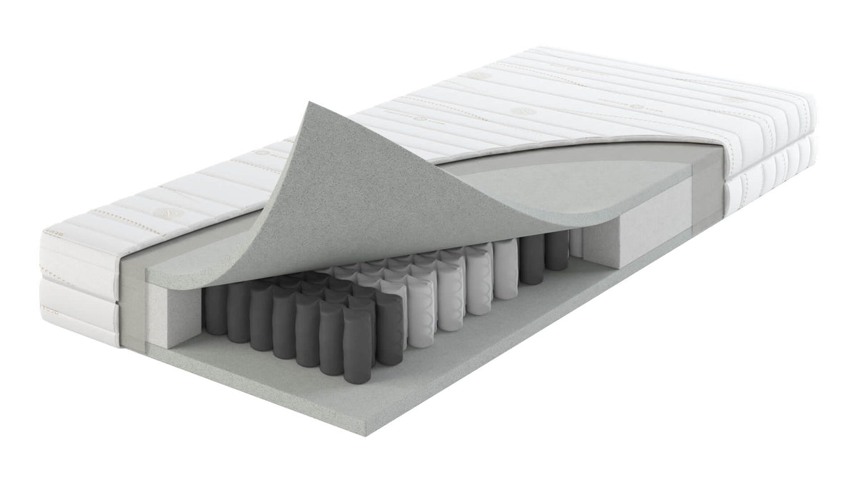 Doorsnede van een pocketvering matras met verenkern en comfortlagen
