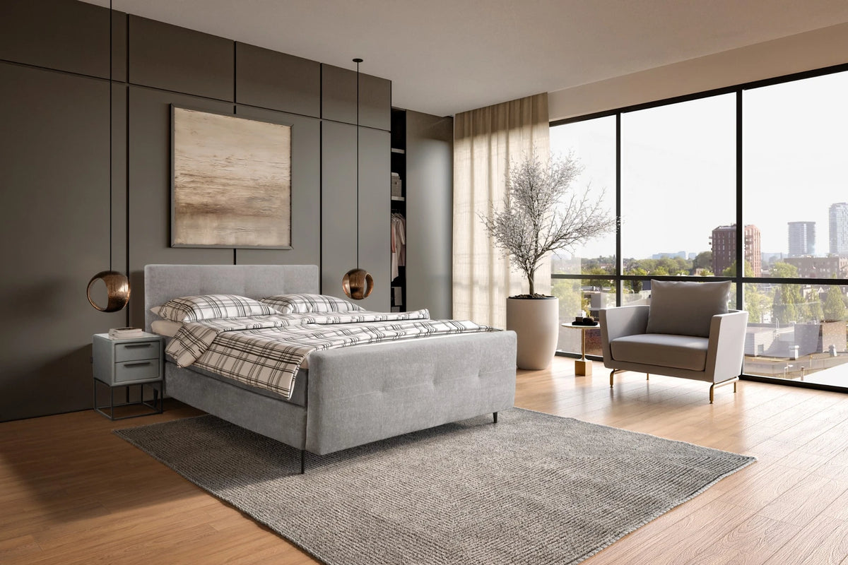 Caresse boxspring 4360 in moderne slaapkamer met grijze stoffering