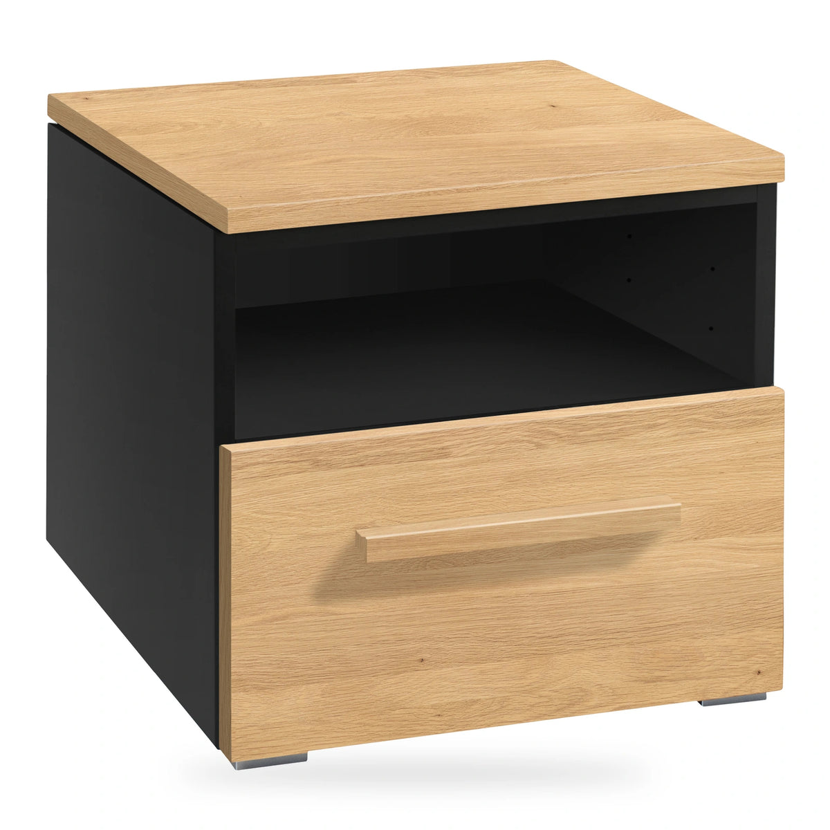 Hasena Selezione Onia nachtkastje, zwarte romp met licht eiken bright ladefronten, productfoto op witte achtergrond