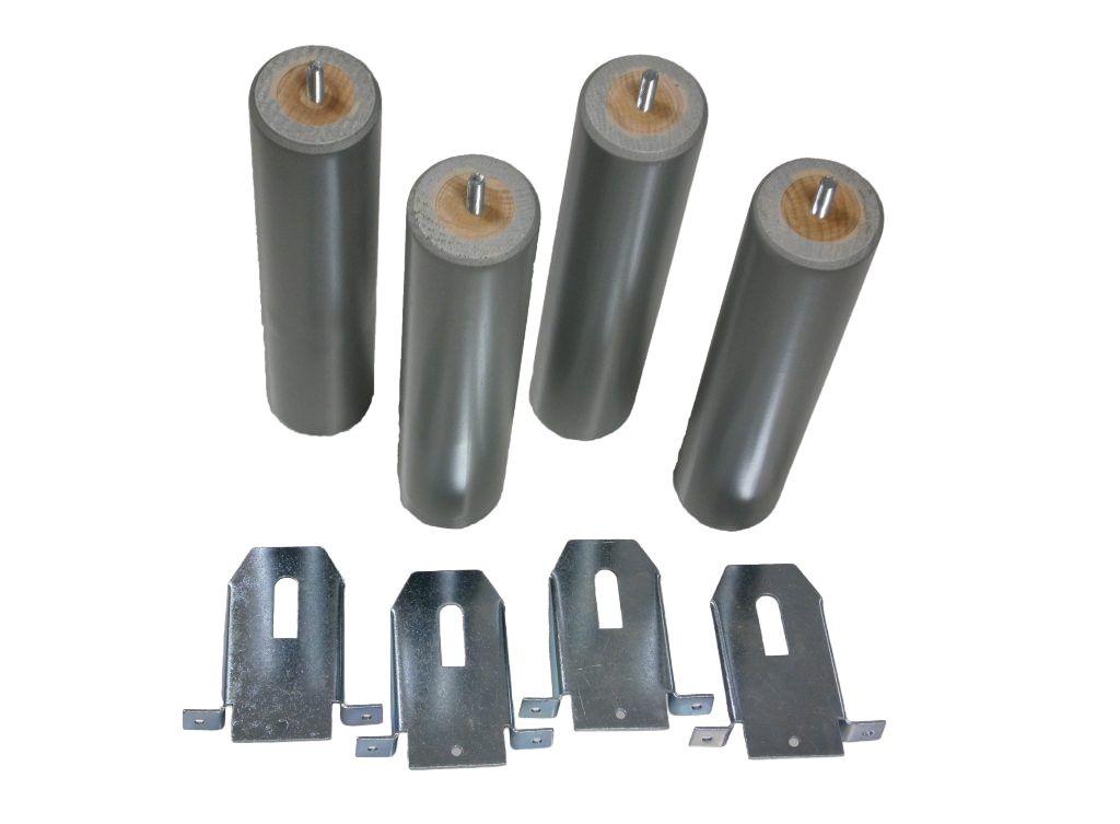 Mahoton aluminiumkleurige beukenhouten potenset van vier met metalen bevestigingsbeugels
